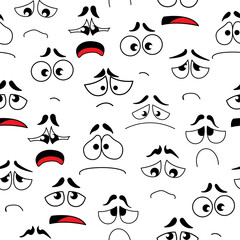 Cartoon sad, unhappy, anxious faces seamless pattern. Vector background with plaintive, deplorable personages emoji. Comic characters tragic facial expression, negative feelings, sadness emotions