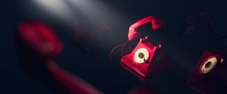 old red rotary phones falling 3d rendering, illustration