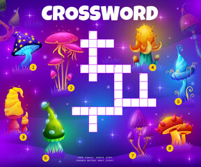 Magic mushrooms. Crossword grid word quiz game, kids educational puzzle with words search task. Children crossword grid game vector worksheet with fantasy fluorescent glowing mushrooms on meadow