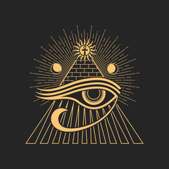 Magic talisman with Horus eye occult symbol. Egyptian cross, pyramid and moon, God Ra eye spiritual amulet, alchemy magic esoteric sign