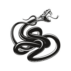 Snake tattoo, angry viper, vector aggressive serpent or python. Angry snake with fangs and tongue attack for bite, black viper serpent for bikers or rockers club tattoo, mascot