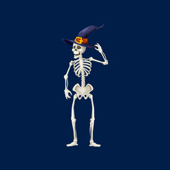 Cartoon spooky skeleton Halloween character. Vector personage in witch hat. Funny dead human bones with skull, isolated autumnal party mascot, creepy fantasy creature, isolated object