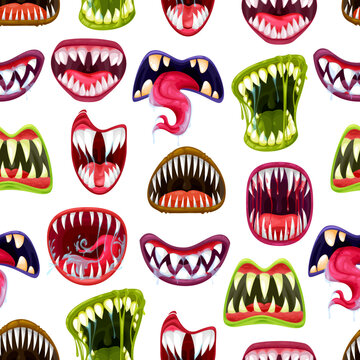 Scary monster mouths with teeth vector seamless pattern. Cartoon Halloween vampires, zombies and alien beasts with horror smiles, spooky background of drool monsters with dripping saliva, blood, slime