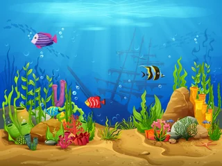 Keuken achterwand Piraten Cartoon underwater landscape, game level. Seaweed, corals, fish school and sunken ship. Vector sea or ocean under water world background, marine sand bottom with coral reef, starfish and bubbles  © Vector Tradition