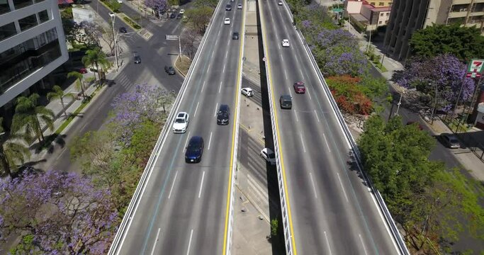 Aerial footage of the traffic on the boulevard Lazaro Cardenas in Guadalajara