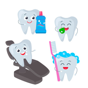 set of pictures of healthy and beautiful teeth. teeth with toothbrush, toothpaste and in the dental chair. vector illustration