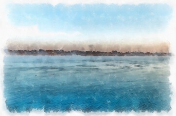 Mekong river landscape of Thailand watercolor style illustration impressionist painting.