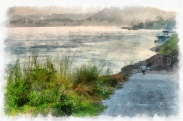 Mekong river landscape of Thailand watercolor style illustration impressionist painting.