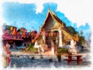 Naklejka premium Ancient temples in the northeastern provinces of Thailand watercolor style illustration impressionist painting.