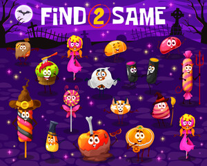 Find two same cartoon Halloween candy characters. Kids game worksheet with vector trick or treat sweet food, matching puzzle with cute pumpkin cake, chocolate ghost, witch, lollipops and liquorice