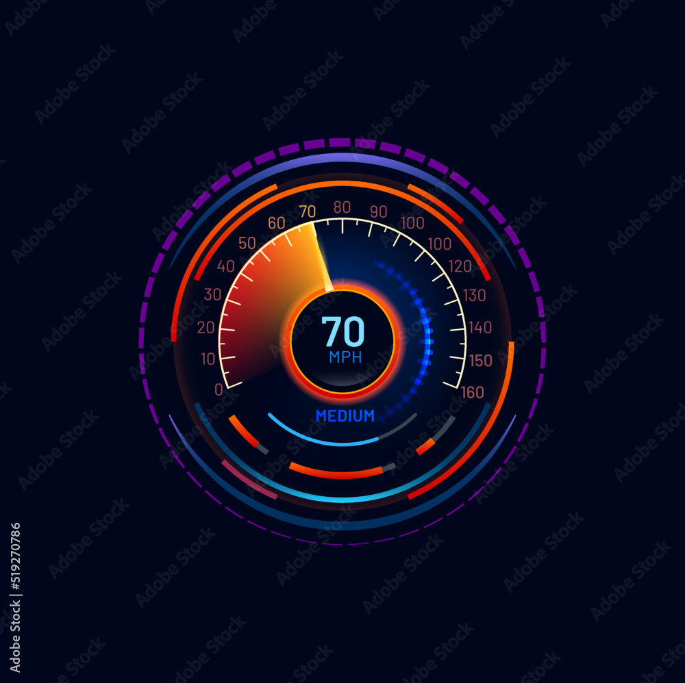 Poster Futuristic car speedometer MPH gauge neon dial. Vehicle or motorcycle tachometer vector gauge or speed dashboard led indicator. Automobile odometer neon screen with glowing round scale and arrow