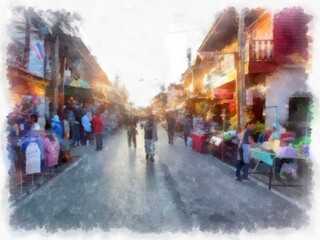 Street landscape in a commercial area of rural Thailand watercolor style illustration impressionist painting.
