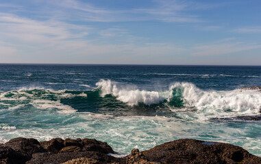 Obraz premium A view on Pacific ocean coast with blue sky and water and waves