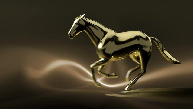 Gold glossy horse sculpture running pose on dark gold light lines background. Glossy gold horse in running motion pose on black background.Business Strategy planning and leadership Concept.  3D render
