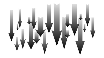 Lots of crossed black arrows pointing down isolated on white background. Symbol of falling market or economy.
