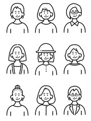 色々なシニア女性の線画イラスト素材セット
