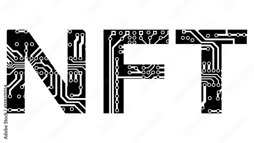 Canvas Prints word silhouette nft non fungible tokens perforated with pcb circuit board tracks isolated on white b