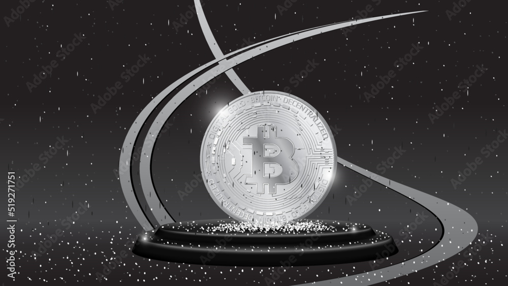 Canvas Prints detailed golden coins bitcoin in front view on pedestal with sequins on dark background. gray colors