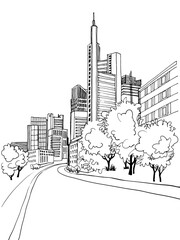 Urban line sketch with landscape of the old European city. Germany. Frankfurt am Main. Old street in hand drawn style on white background