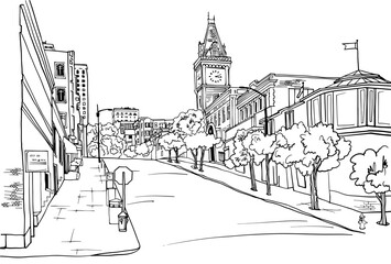 Old city street in hand drawn line sketch style. Urban romantic landscape. San Francisco, California, USA. Black and white illustration on white background