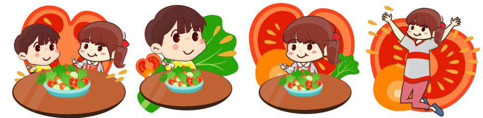 2d cartoon happy cute kids, boy and girl eat healty vegetable food and children vector illustration