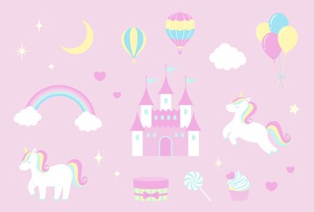 vector background with unicorns and a set of fairy tale themed icons for banners, cards, flyers, social media wallpapers, etc.