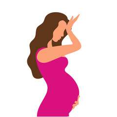 A pregnant girl has a headache. Woman with long hair and in a dress. Waiting for the birth of a child. Simple flat color vector illustration.