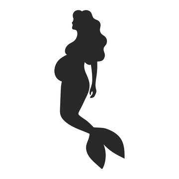 Young beautiful mermaid. Pregnant woman. Black silhouette. Design element. Vector illustration isolated on white background. Template for books, stickers, posters, cards, clothes.