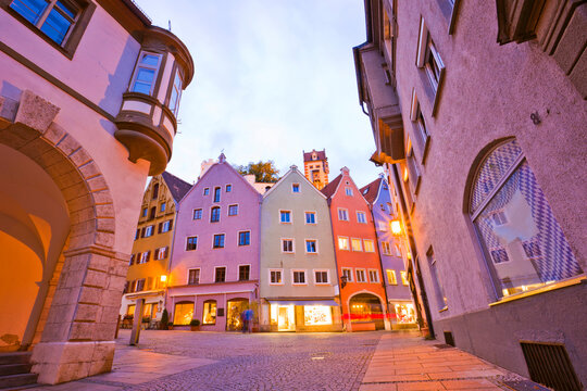 Old street in the historic center at twilight, Fussen, Bavaria, Germany.
