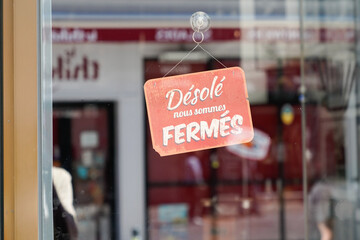 vintage red panel shop sign desole nous sommes ferme french text means sorry we are closed board