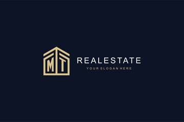 Letter MT with simple home icon logo design, creative logo design for mortgage real estate - obrazy, fototapety, plakaty