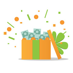 Obraz premium Surprise box with cash prizes. Concept of cashback service, discount and loyalty card, customer service, online shopping, earn point. Vector illustration flat design