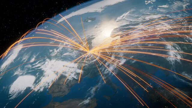 Earth in Space. Orange Lines connect London, UK with Cities across the World. Global Travel or Business Concept.