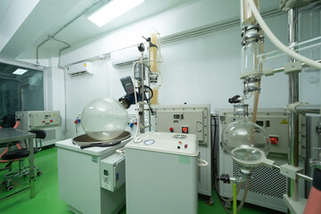 Marijuana, hemp or cannabis plant leaves farm equipment in lab room. Organic product in laboratory in technology medical, healthcare, research concept. Natural food. Ganja
