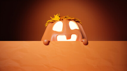 Halloween Funny Lantern Jack Pumpkin Peeking out From Behind the Wall. 3D Illustration.