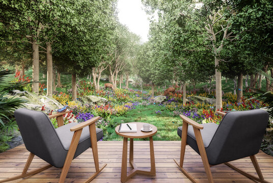 Relaxing terrace with wonderful forest 3d render ,Furnished with wooden furniture and fabrics that overlook the green nature with colorful flowers.