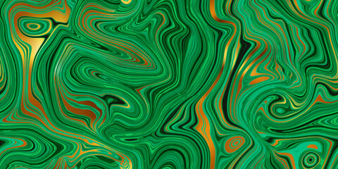 Obraz premium Malachite green and gold seamless marble pattern with psychedelic swirls. Vector liquid acrylic texture. Flow art. Trippy 70s textile background. Tie dye simple artistic effect