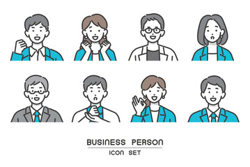 笑顔や驚いたりしている、会社員の顔アイコンのベクターイラスト素材／ビジネス／ビジネスパーソン／人々／ポジティブ