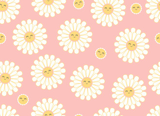 Cute smiling daisy flower seamless pattern. Chamomile with happy emotion.illustration for nature design. Vector cartoon background. 