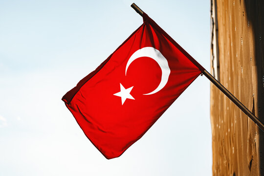 Clear sky and waving turkish flag, close up