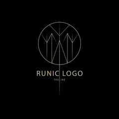 Vector runic logo of geometric elements, rune algiz, tivaz. Sacred round symbol of protection, success and victory. Abstract success icon, business emblem for design, esoteric, tattoo, astrology, yoga