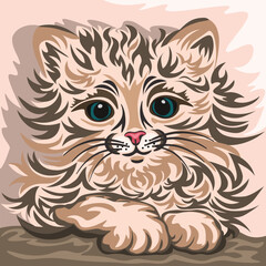 Cute fluffy kitten with curly hair. Cartoon style drawing, flat vector illustration. 