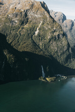 New Zealand. Milford Sound (Piopiotahi) from above - the head of the fiord, Cleddau River and Milford Sound Airport
