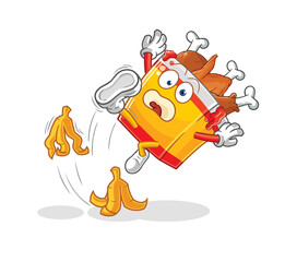 fried chicken slipped on banana. cartoon mascot vector