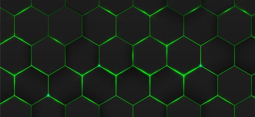 Futuristic technology background, black abstract luxury hexagonal metal with green light lines