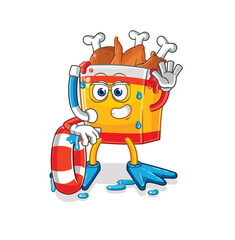 fried chicken swimmer with buoy mascot. cartoon vector