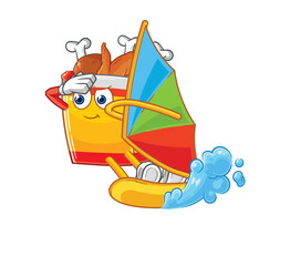 fried chicken windsurfing character. mascot vector