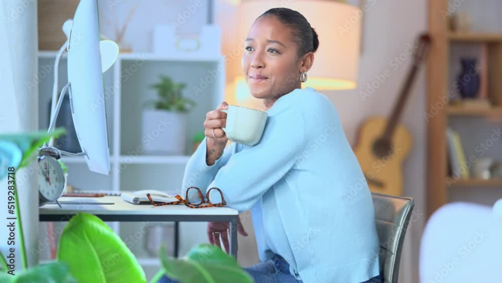 Poster Woman drinking a cup of coffee while taking a break from working on a computer at home. One remote young female entrepreneur thinking and enjoying a mug of tea while doing telework on a pc