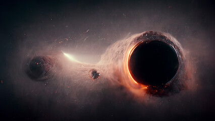 Black Hole event horizon, black hole in space attracting galaxies and asteroids surrounded by gas nebulas 3d rendering