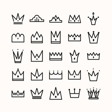 Crown Icon Set Line Style Isolated On White Background For Queen Logotype, Princess Diadem Symbol, Doodle Illustration, Pop Art Element, Beauty And Fashion Shopping Concept. Vector 10 Eps